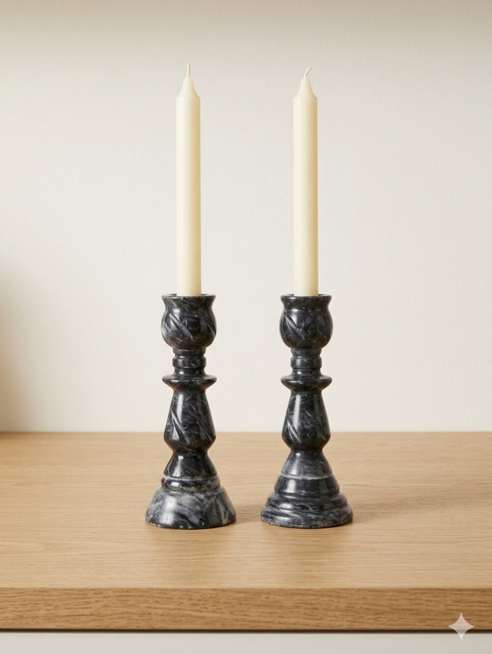 Classic Black Marble Taper Candle Holders - Set of 2